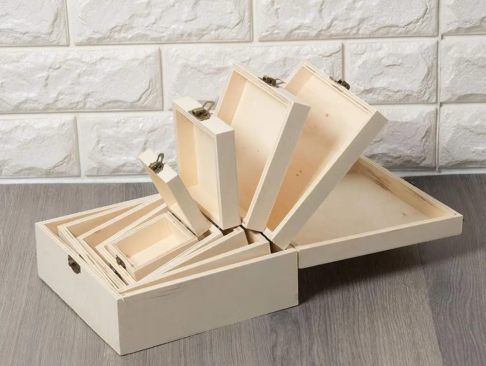 Wooden Boxes - 5-Piece Hinged-Lid Nesting Boxes for Arts, Crafts, Hobbies and Home Storage
