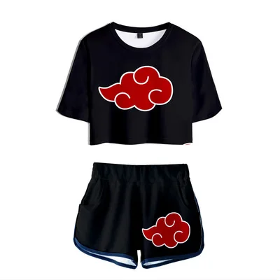 Ecowalson 2 Piece Uchiha Outfits for Women Short Sleeve Crop Top and Short Pants Sets Anime Clothing Set cosplay anime