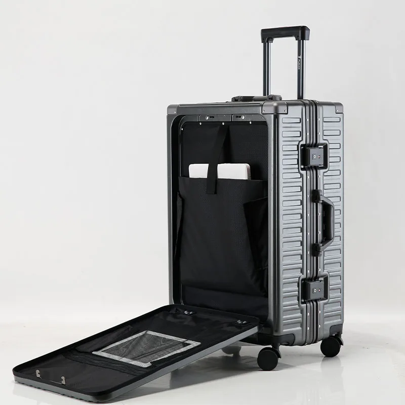 100%PC Aluminum frame front opening travel case Business travel suitcase for unisex phone stand luggage