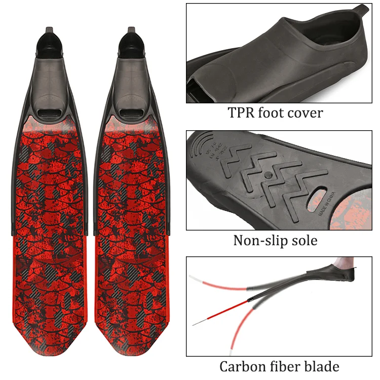 Carbon Fiber Custom Pattern Logo Spearfishing Long TPR Foot Pocket Flippers Underwater Freediving Scuba Diving Fins