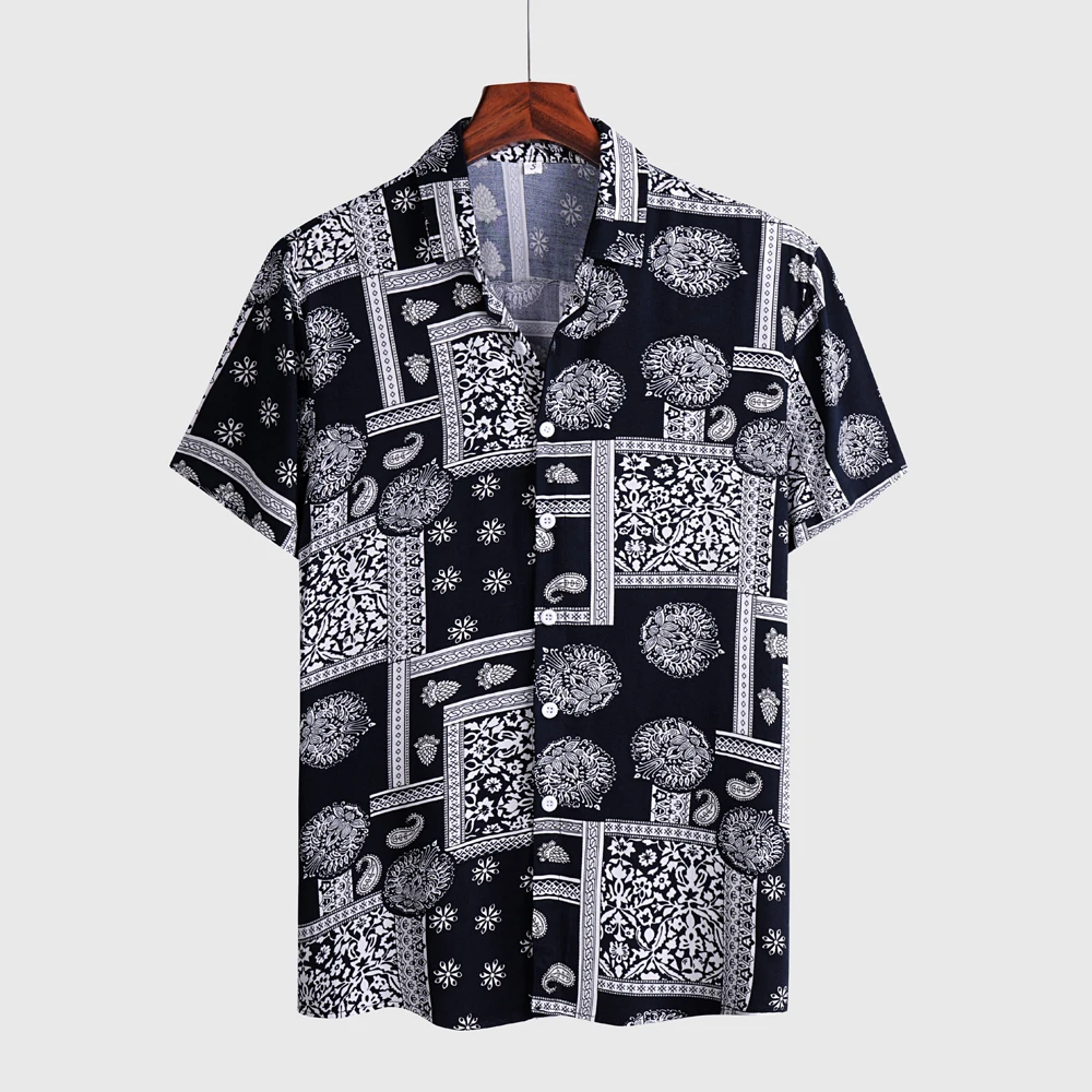 
Turn-down Collar woven short sleeve coconut palm printed men casual shirts pictures for beach 