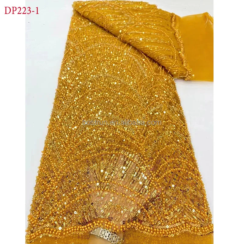 DP223   African Heavy Beaded Red Lace Fabric Wedding Luxury Hand Beads Embroidered Mesh Tulle Lace Fabric With Sequins