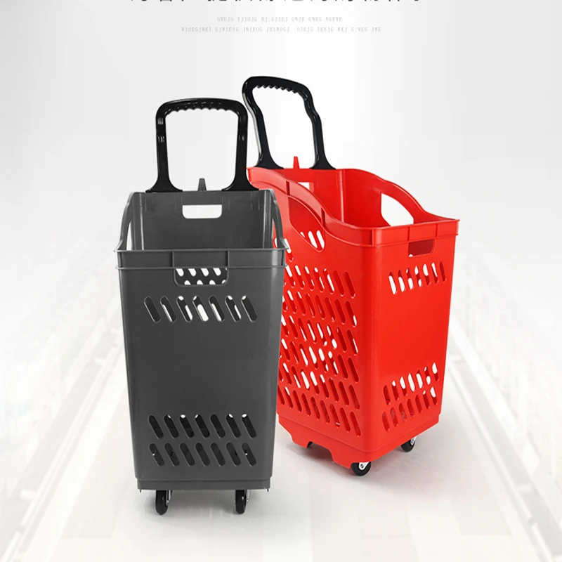 
Large Volume Plastic basket Supermarket Shopping Trolley with four wheels Hand Push Basket 