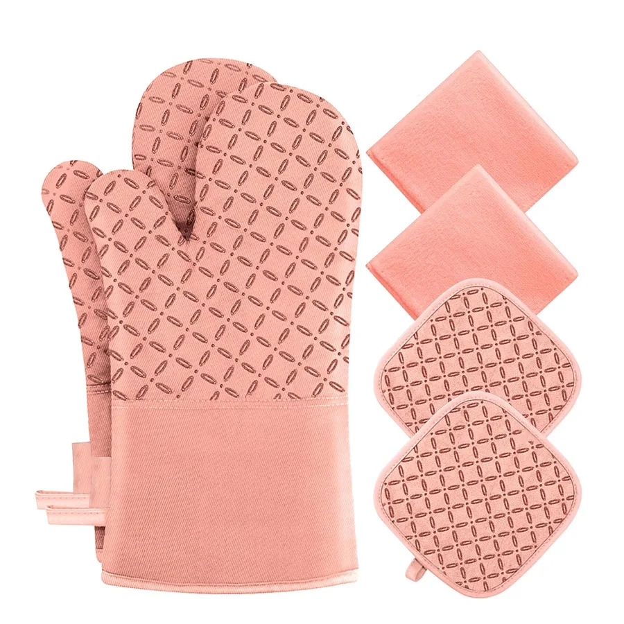 Hot Selling Cotton Lined Padded Mittens Non-Slip Silicone Heat Mats Insulated Oven Gloves High Temperature Baking Oven Gloves