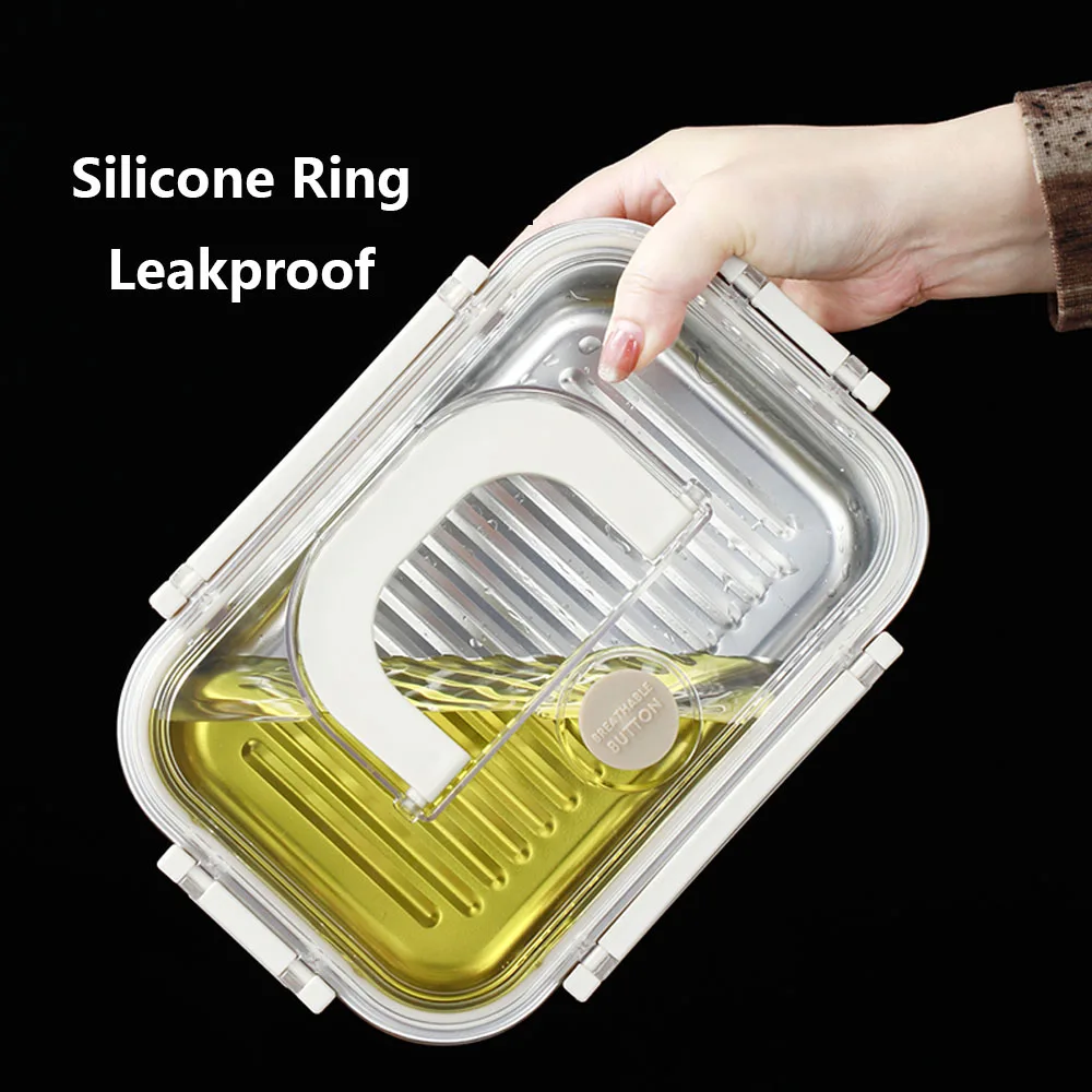 Microwave Oven Safe 304 Rectangle Airtight Lunch Container Fresh Keeping Box with Handle Stainless Steel Food Storage Container