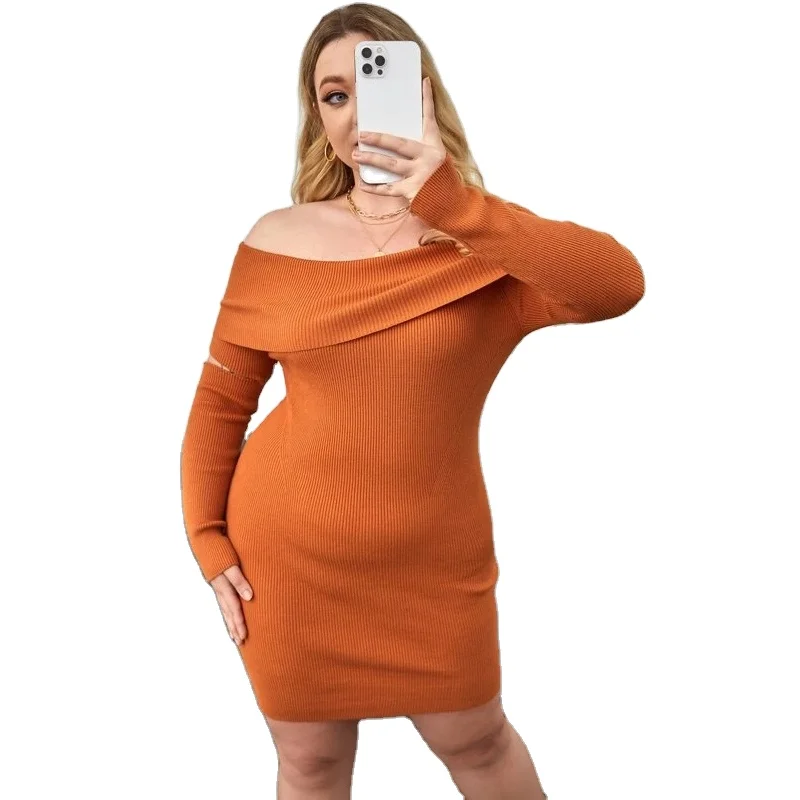 FYB Plus Size Off The Shoulder Winter Sexy Long Sleeve Women Knitted Sweater Ladies Dresses