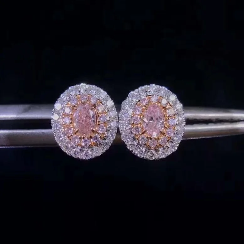 AGL 18K Solid K White Gold  Wholesales Oval Cut Pink Diamond Nature Stud Earrings Jewelry