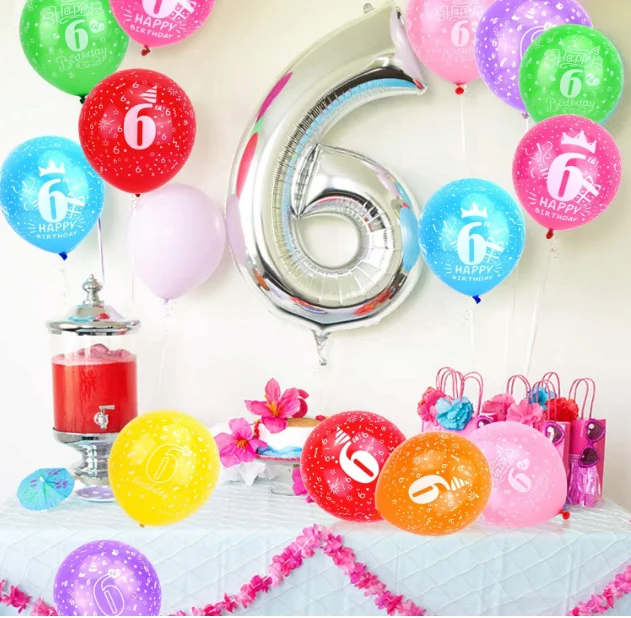 Colorful Baby Happy 6th Birthday print Helium Balloons latex Bunch with ribbon for Kids Birthday Toys Party Supplies Decorations