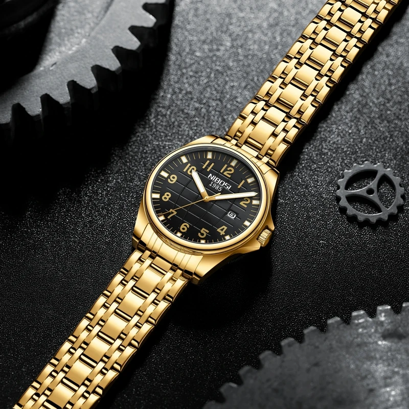 Luxury Brand Nibosi 2572 Mens Waterproof Sports Golden Quartz Wrist Watch