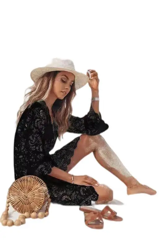 Summer hot selling bikini cover shirt sexy V neck design sun shirt see-through lace beach skirt beachwear
