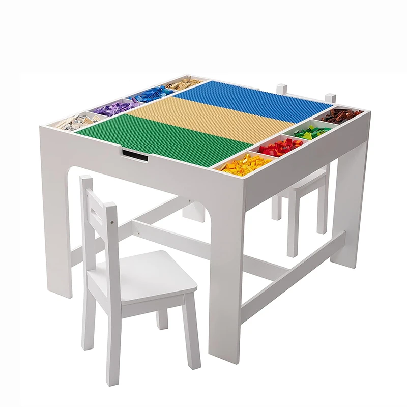 Kids 2 in 1 Play Table and 2 Chair Set with Storage Compatible with Lego and Duplo Bricks Activity Table Play Set Furniture