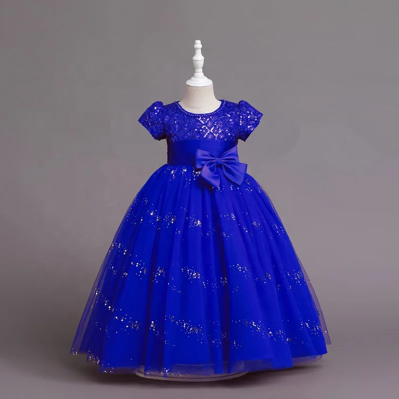 Short Sleeve Kids Girls Princess Sequin Bow Mesh Catwalk Show Girls Red Birthday Party Performance Dress