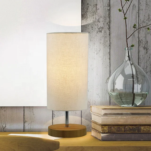 Nordic Modern Bedroom Decorations Convenient Switch Power Night Light Beige Fabric Shade LED Table Lamp with Wood Base