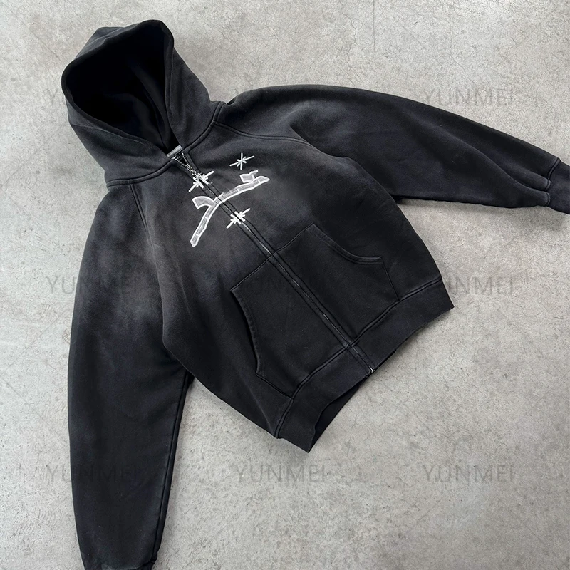 Hoodie Manufacturers Wholesale Custom Hoodies Unisex Cotton Oversized Boxy Dtg Printing Stone Distressed Acid Wash Zip Up Hoodie