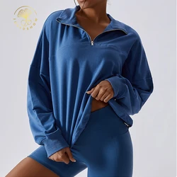Custom Private Label Womens High Collar Blank Drop Shoulder Quarter Half Zip Oversized Hoodies Sweatshirts Wholesale For Womens