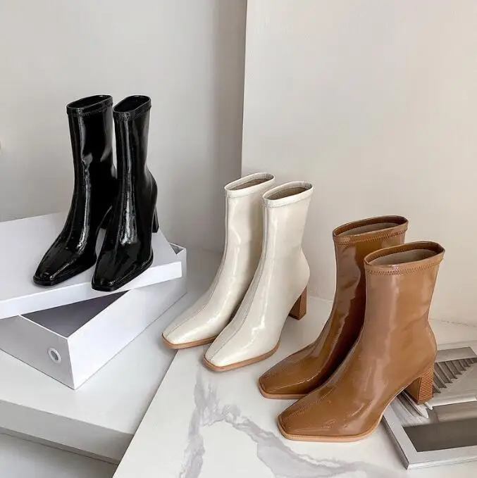 Mid-tube short boots autumn and winter new thick and high-heeled patent leather white fashion boots women