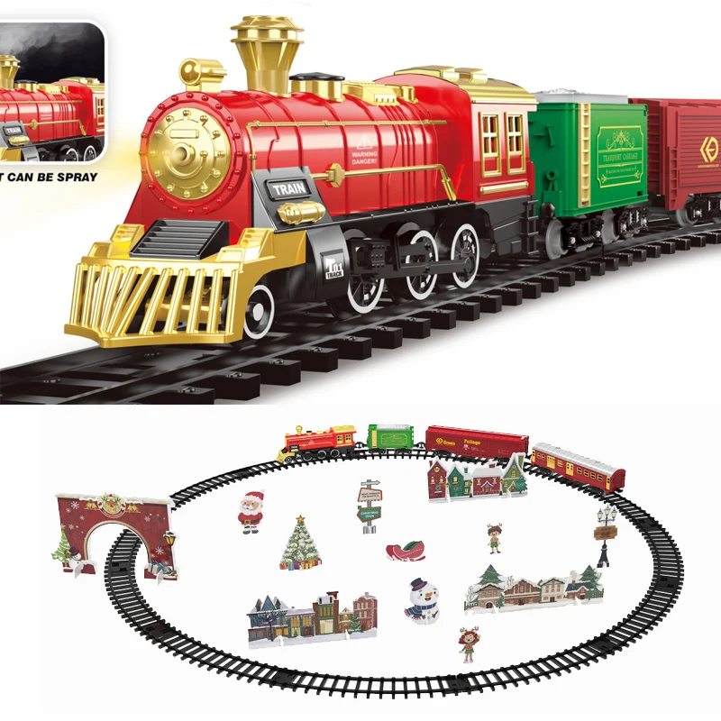 High Quality Kids DIY Metal Model Electric Spray Train Toys Christmas Theme Alloy Diecast Track Set Toys With Music Light 991832
