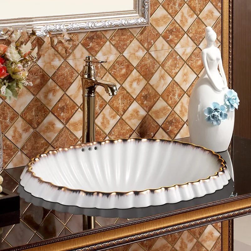 Semi Embedded Artistic Wash Basin Ceramic Coute top Bathroom basin Sink bowl oval sinks shell shape white