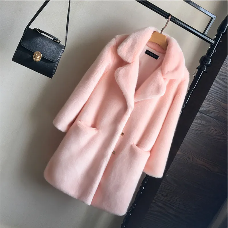 Plus Size Women Mink Faux Fur Coat Solid Female Turn Down Collar Winter Warm Fake Fur Lady Coat Casual Long Jacket