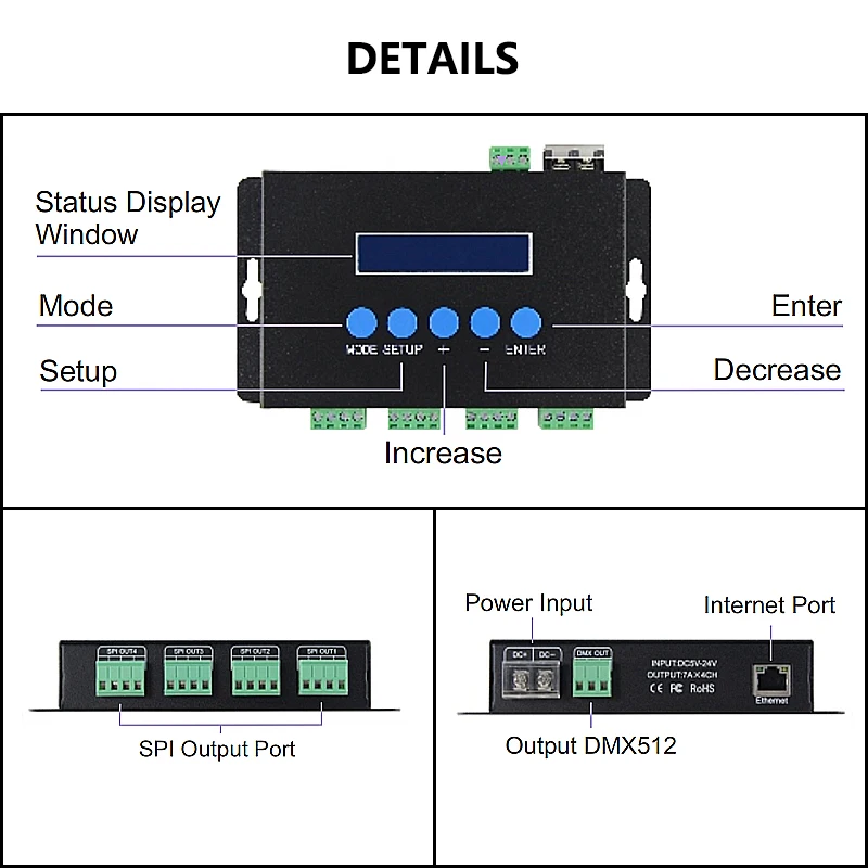 DC 5V 12V 24V Ethernet to SPI / DMX 512 LED Stage Digital Pixel Light Converter Controller 4 Way Port 4 Channel 7A/CH ArtNet-SPI