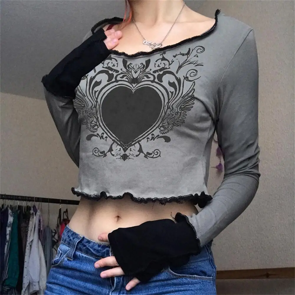 Grunge Retro Fashion Heart Printed Autumn T-shirts Women Crop Top Dark Academia Gothic Clothes Aesthetic Tops