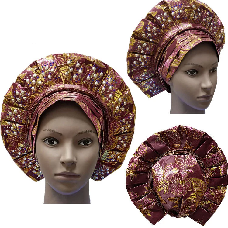 2022 New Fashion Bright Print Pattern Headwrap Crystal Africa Sego Already Made Auto Headtie for women