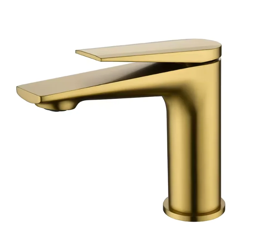 Single Handle Modern Style Brushed Gold Finished Bathroom Deck Mounted Basin Sink Brass Basin Faucet Tap