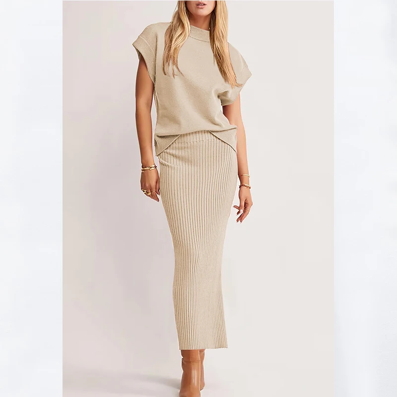 2024 Summer Knitted 2 piece ladies set short sleeve sweater matching top skirt for women Working travel casual dresses