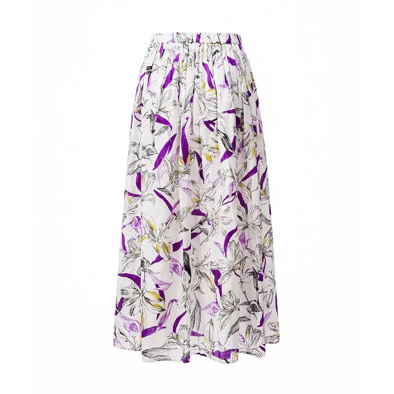Summer Vacation Lily Pattern Trending Women Cotton Woven Drawstring Floral Printing A-line Midi Skirt Ladies