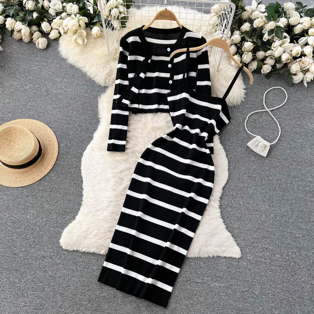Long Sleeve Striped Spaghetti Slip Dress Summer Simple Knitting Dress Ladies Casual Dress Clothes Women Wholesale