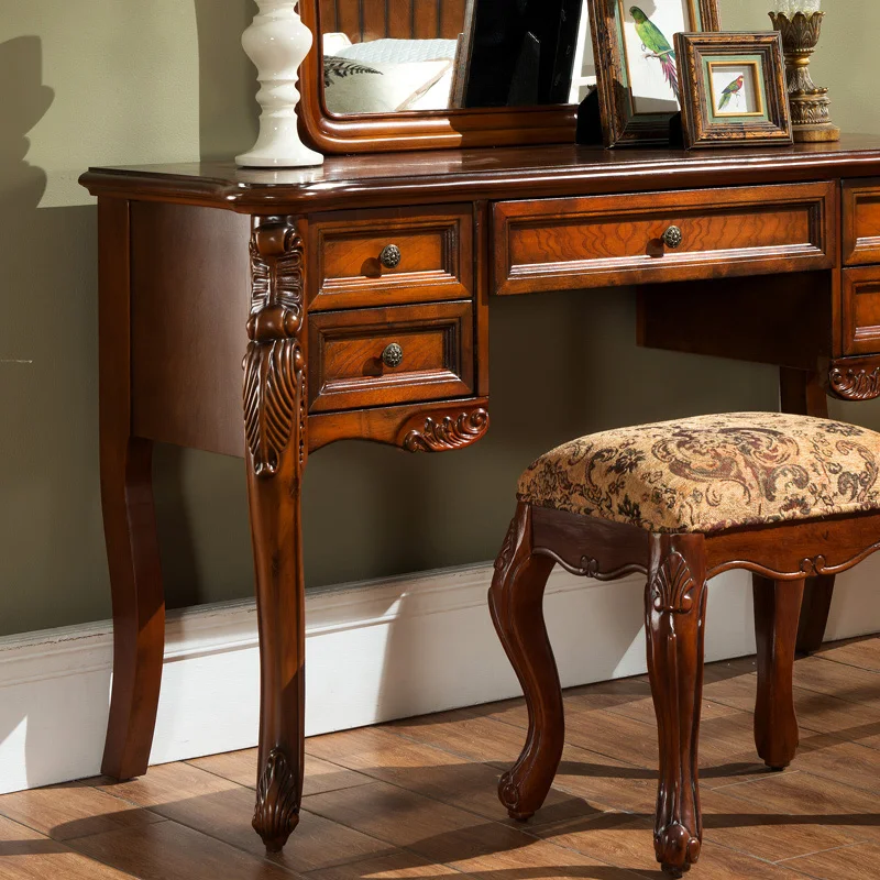 Wholesale makeup table with mirror solid wood carved dressing table with 5 drawers European style home furniture hotel furniture