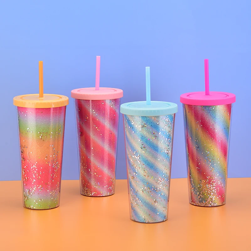 Rainbow Large Capacity 700ml Double Wall Plastic Straw Tumbler Golden Scallion Cloth Suitable for Car Cafes Restaurants Milk