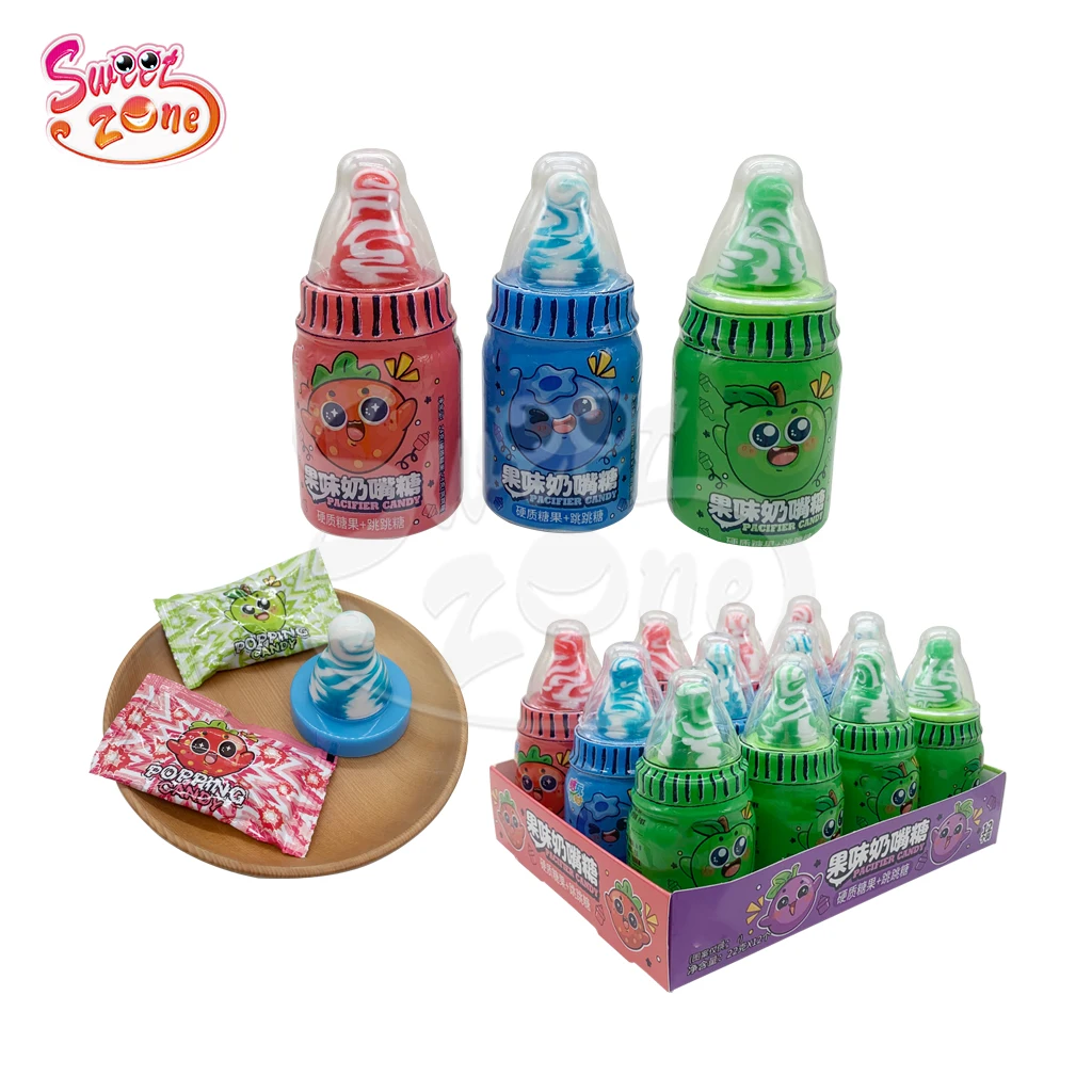 Wholesale oem plastic milk bottle shape nipple hard candy with popping candy