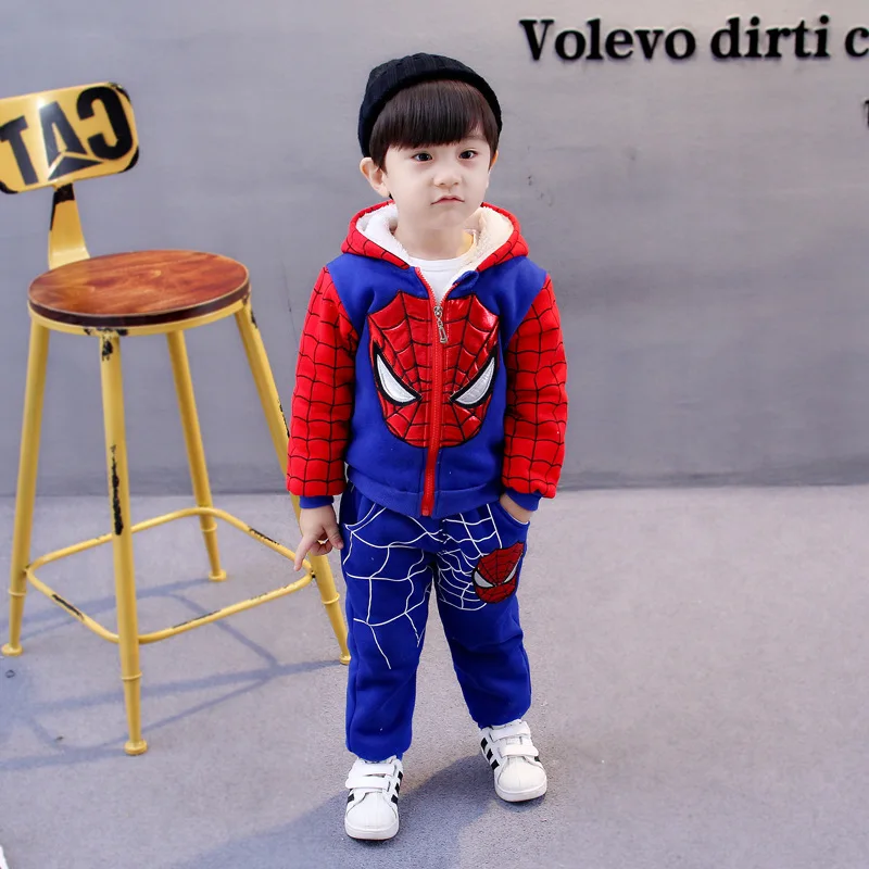 Autumn Winter Spiderman Baby Boy Sweatshirt Zipper Hoodies+Pant Plus Velvet Thicken Warm Children Outfits Costume Kids Clothes