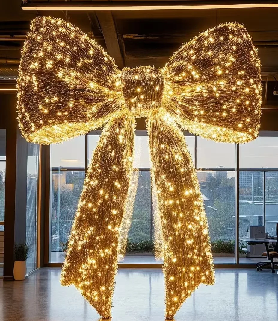 E-088 Hot Sale Gold Giant Bow Butterfly with LED Light Tinsel for Wedding Decoration Mall Center Display Party Stage Decor