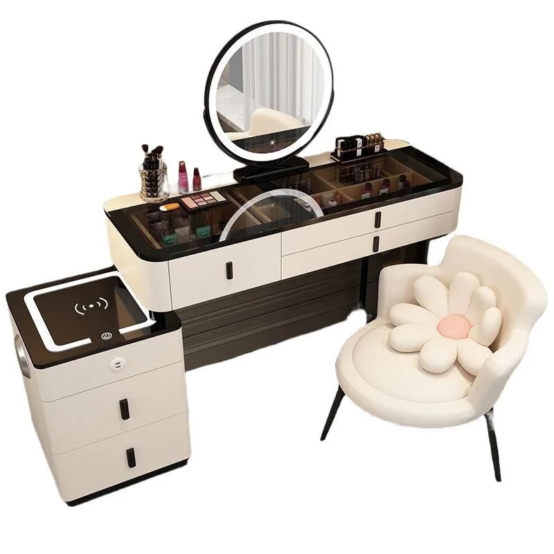 Modern Intelligent Dressing Tables Wireless Charging Advanced Glass Makeup Table Set With Mirror Modern Nightstand
