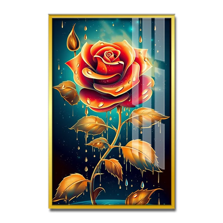 Hot selling gold and red rose flower crystal porcelain painting still life painting for home decor