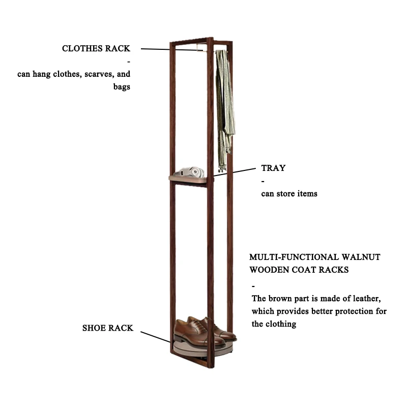 New bedroom multifunction simple home floor-standing coat rack leather clothes stands & shoe racks with walnut wood frame