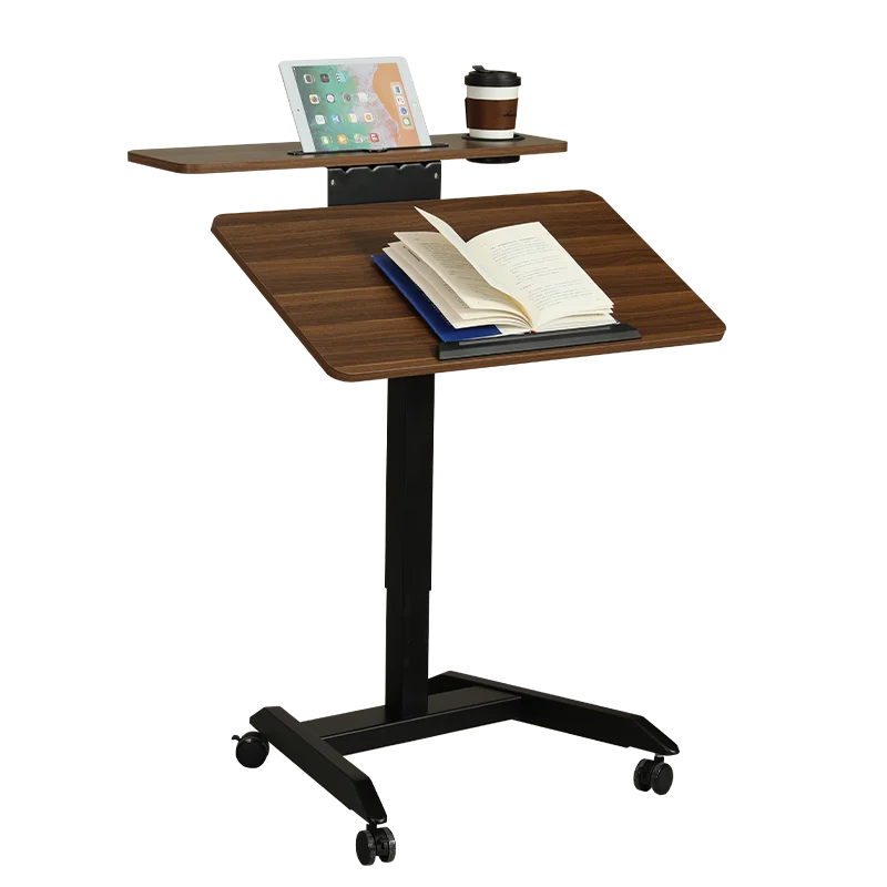 Pneumatic gas height adjustable standing mobile laptop home office work overbed desk with 0 to 90 angle tiltable desktop