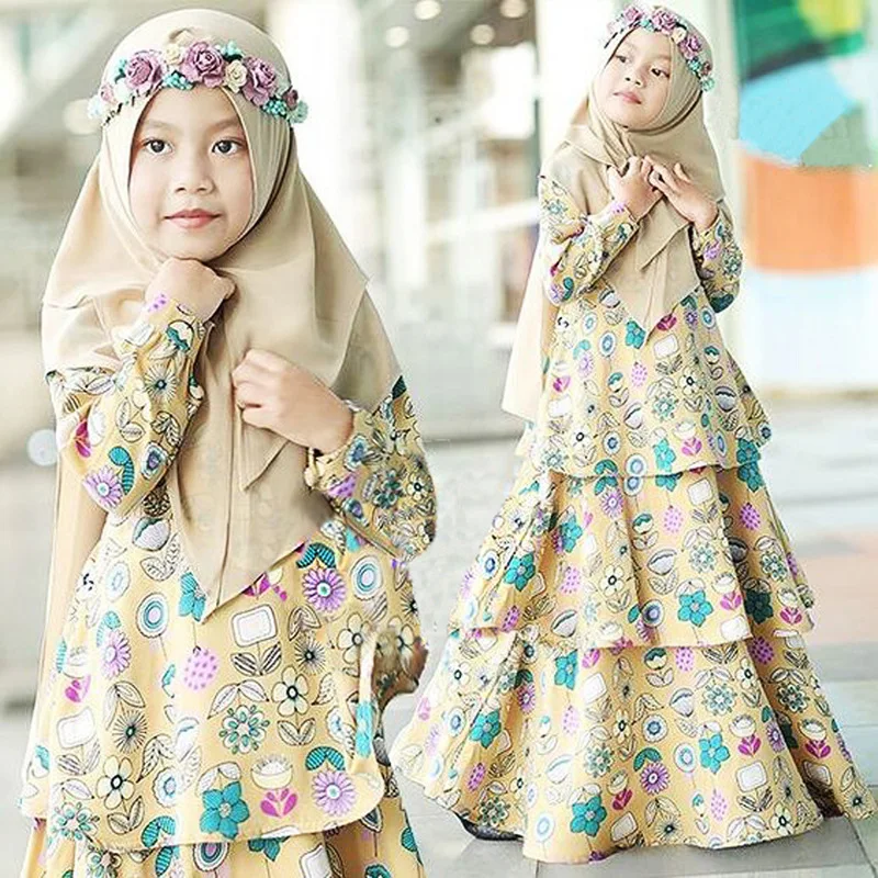 1-3 years older autumn spring summer floral pattern dress and hijab suit kids abayas girls muslim children