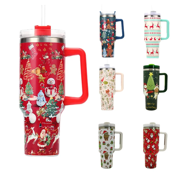 New Arrival Merry Christmas Sublimation Double Wall 304 Stainless Steel Christmas Printing 40oz Tumbler Coffee Mug with Handle