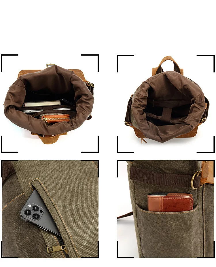 Waxed Canvas Backpack for Men Vintage Travel Rucksack Custom Casual Back Pack Sport Outdoor Bag Water Proof Customized 1.5 KG