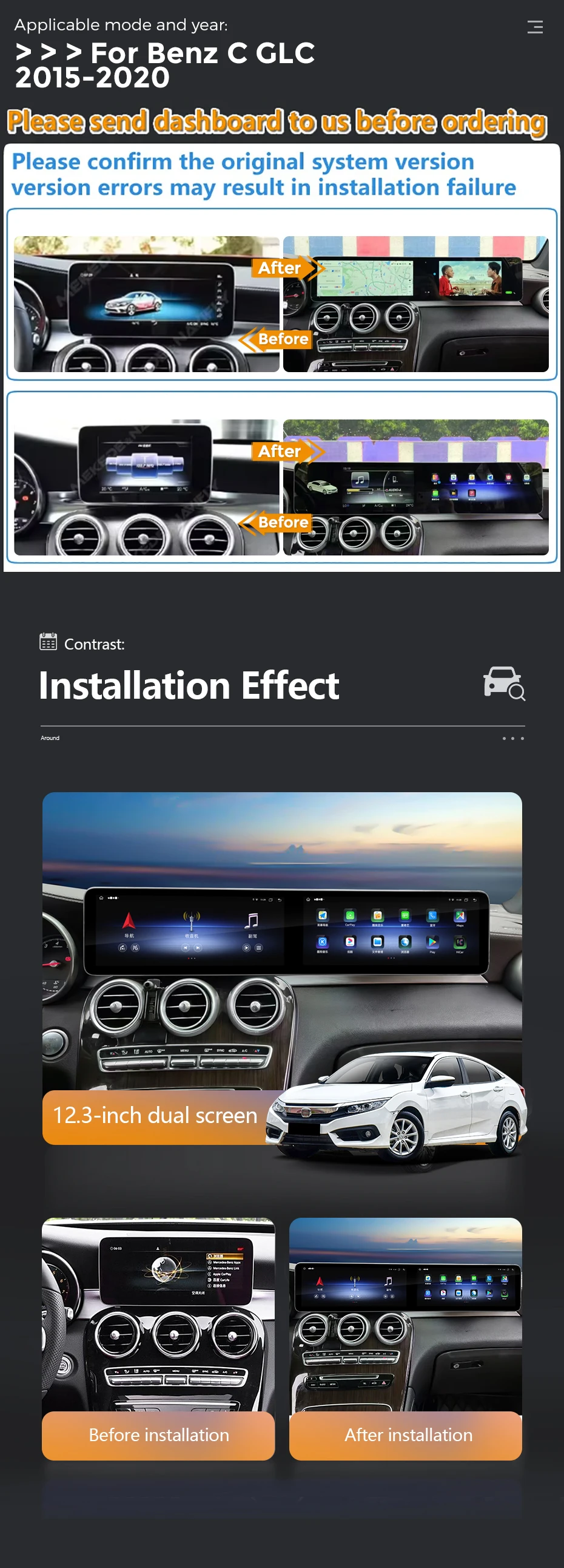 Navifly NF 12.3inch 1920*720 screen Car-play auto GPS navigation 8+128G for benz C/GLC 2015-2020 MTK8667 Car navigation system
