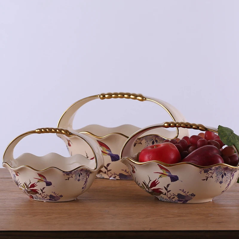 Luxury Royal unique decorative fruit bowl porcelain flower basket with handle