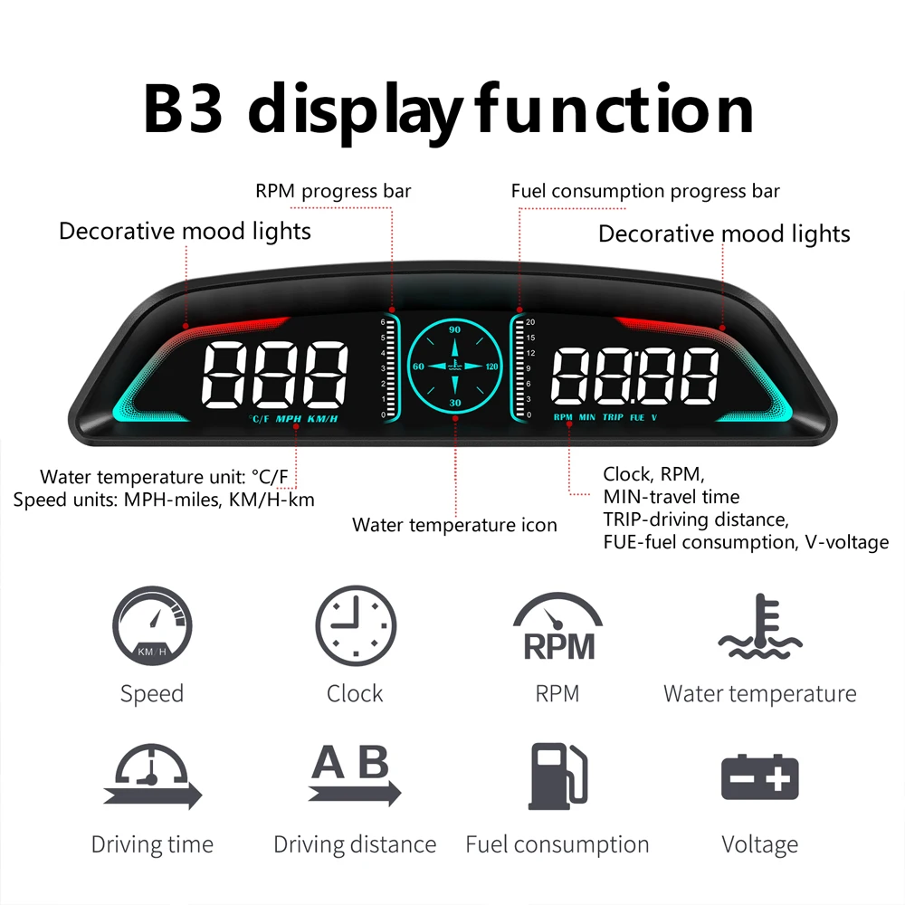 Muti-function Gauge Universal OBD2 Meter Speedometer Head Up Display B3 HUD Water Temp Turbo RPM Car Accessories HUD-B3