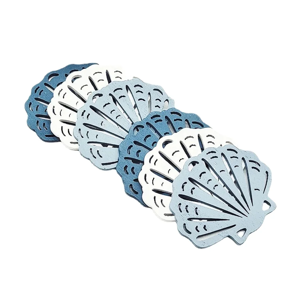 Custom Design Logo Ocean Series Decoration Laser Engrave Shells Starfish Blue Wooden Plywood Coaster For Drink Coffee Tea Cup