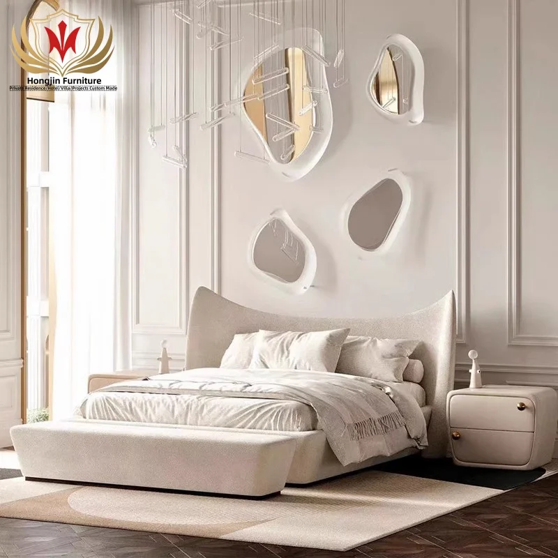 HJ HOM Modern unique design queen size beds home villa apartment fabric upholstered king size bed for bedroom