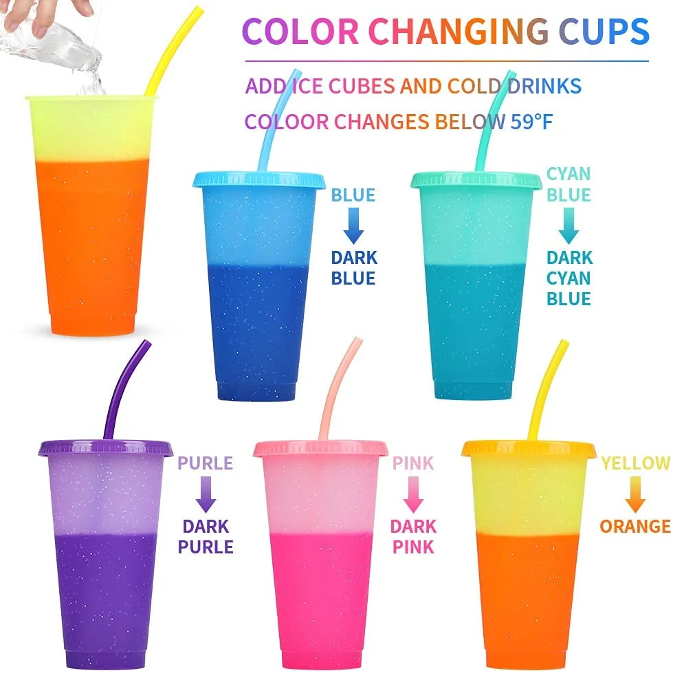 Mazoho Color Changing Cups 16/24 Oz Reusable Plastic BPA Free Tumblers For Kids Summer Coffee For Party With Lids And Straws