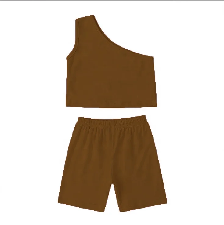
2021 New Fashion One Shoulder Sleeveless Baby to Toddler Girl Cotton Outfits 40 Pure Colors Outfit 2 pcs Clothing Set 
