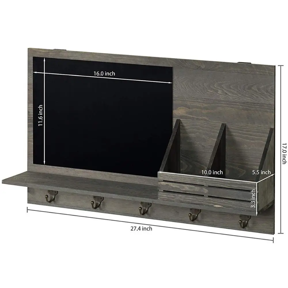 
Rustic Grey Wood Wall-Mounted Mail Sorter Rack with 5 Key Hooks Black Chalkboard 